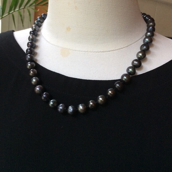 Sterling Silver Black iridescence Pearl Necklace 925 - Picture 2 of 12